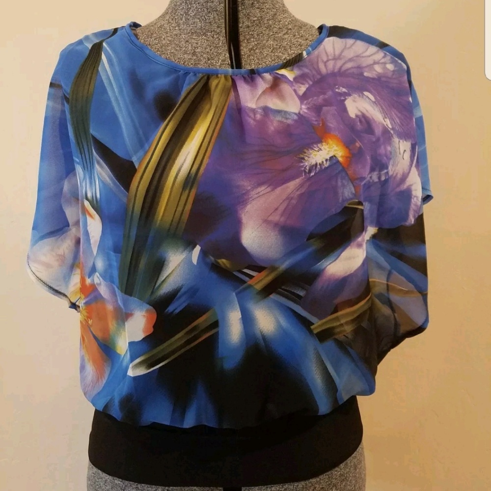 Colorful, sheer overlay,  flowy top, size S
